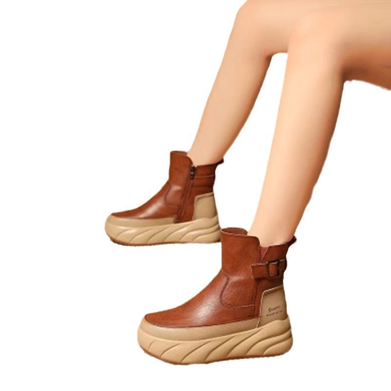 Fleece-lined Platform Muffin Platform Motorcycle Boots Casual Women's Shoes