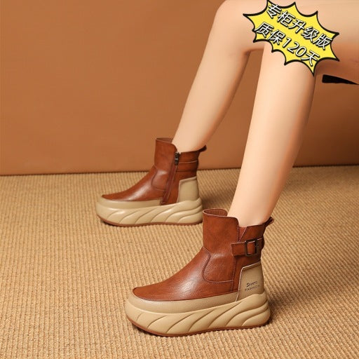 Fleece-lined Platform Muffin Platform Motorcycle Boots Casual Women's Shoes